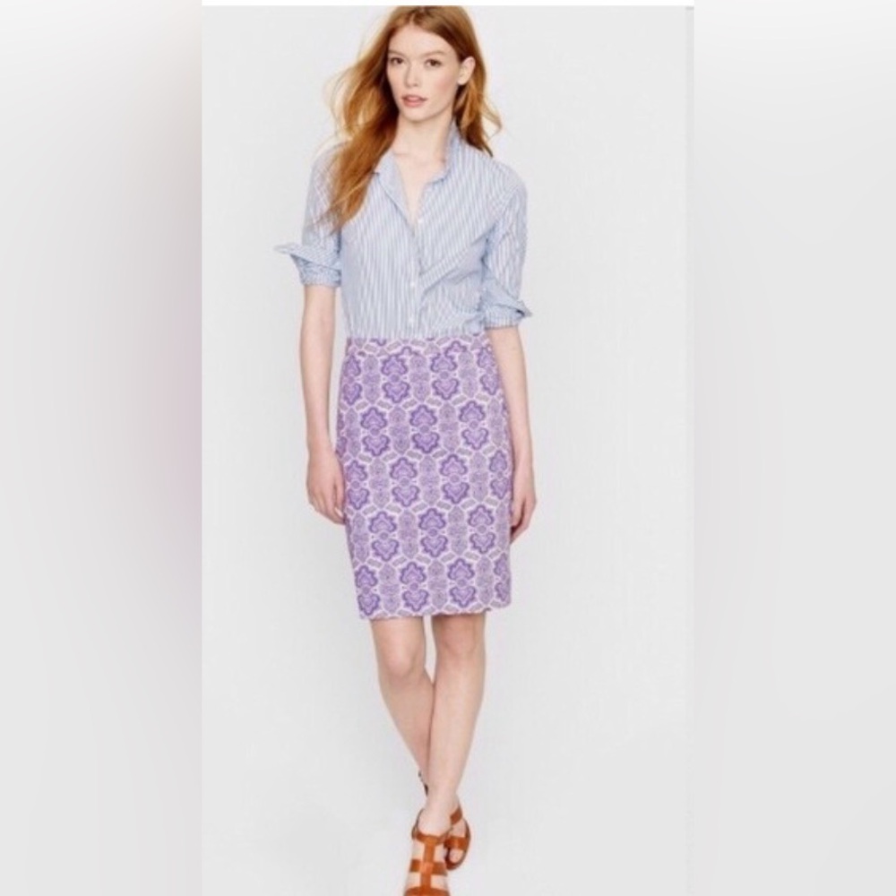 J. Crew Purple Medallion No 2 Pencil Skirt cream white fully lined preppy office